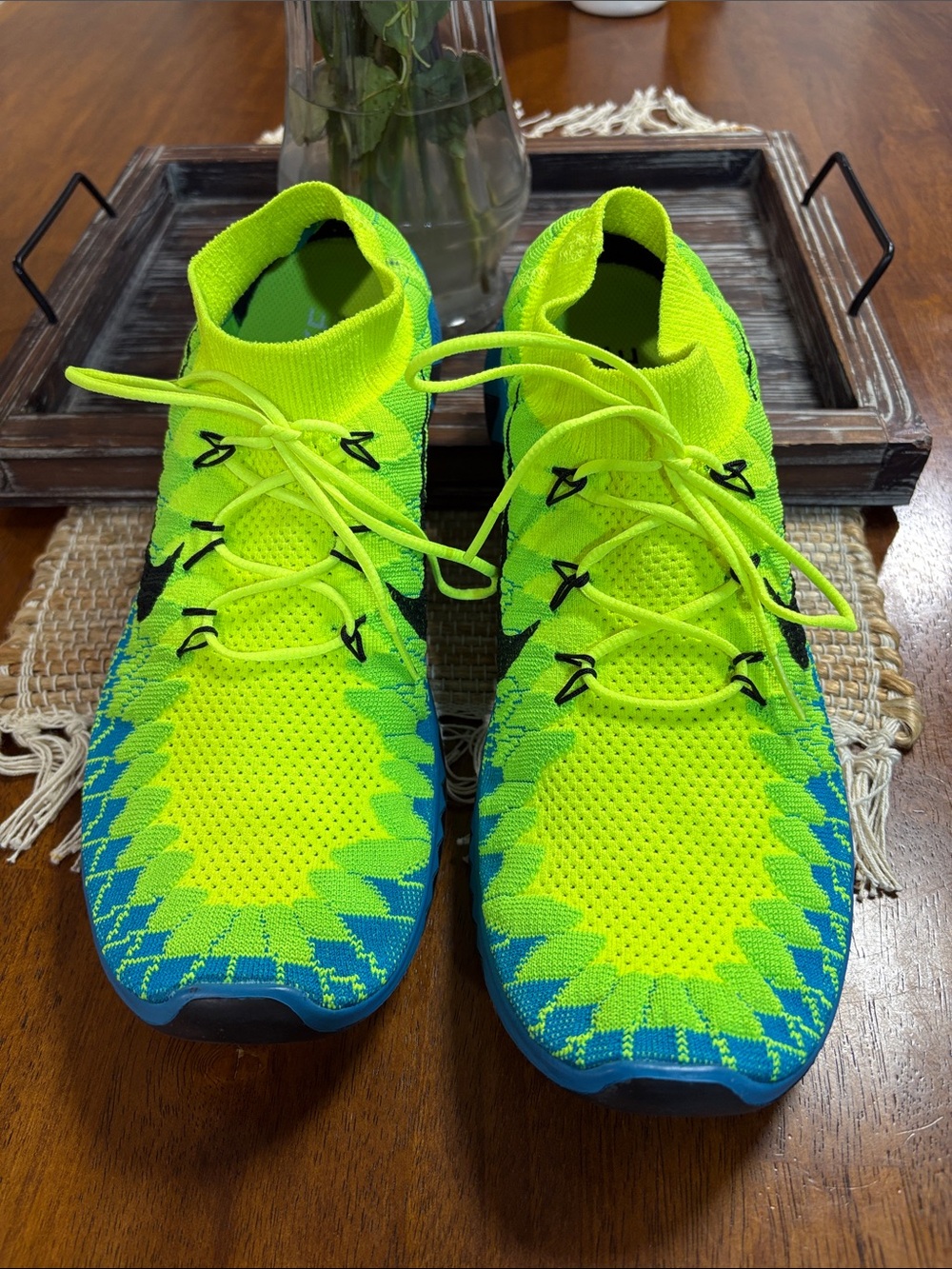 Nike Neon Green and Blue Flyknit Running Sneakers